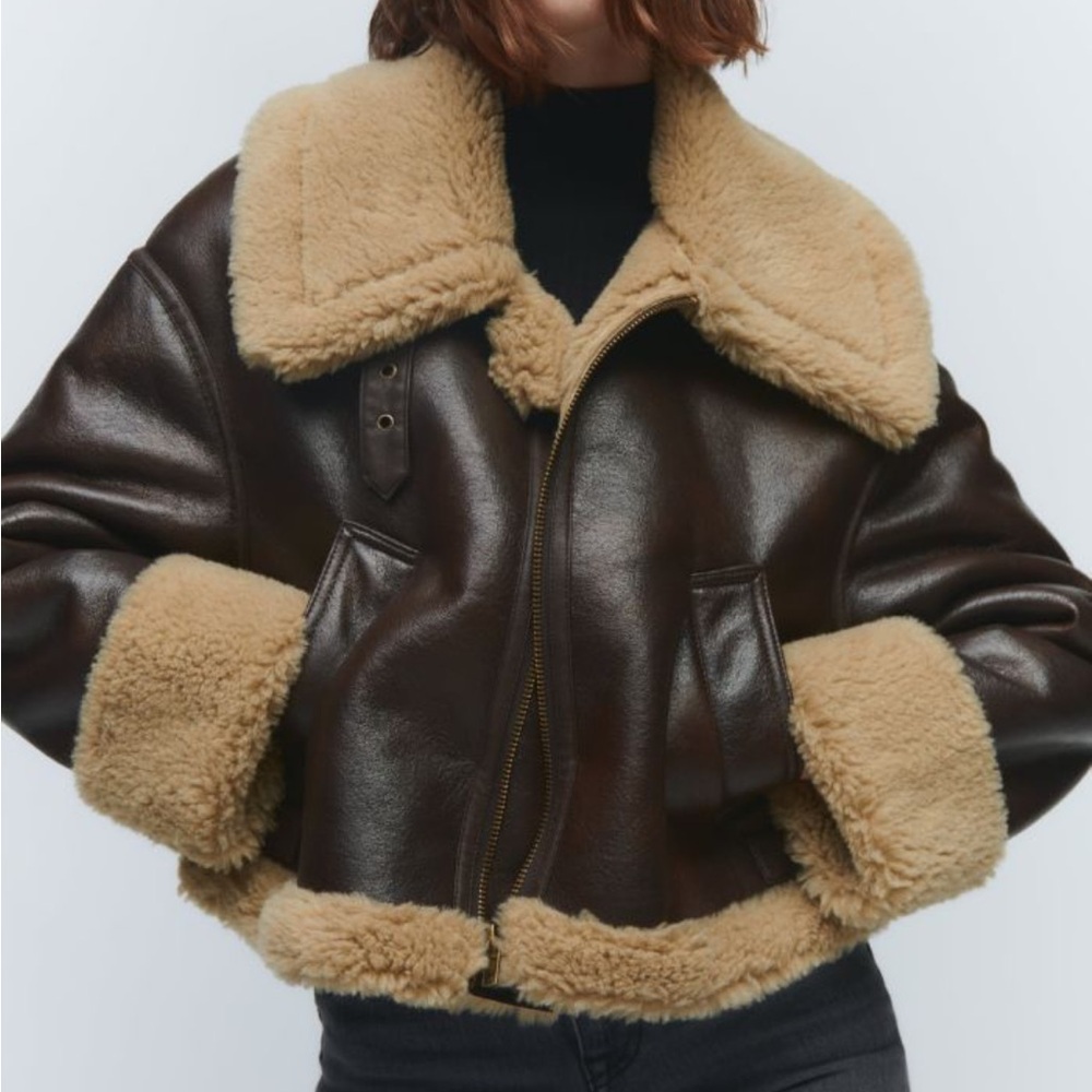 Zara brown faux leather and Sherpa cropped jacket